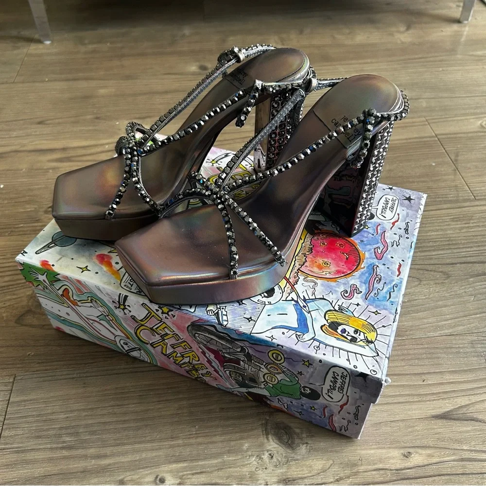 Jeffrey Campbell Metallic Strappy Platform Rhinestones Heels Sandals. Size 7